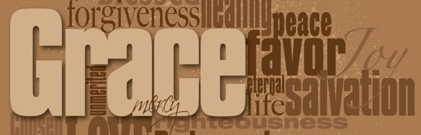Graphic typographic montage illustration of the Christian concept of Grace composed of associated words and defining words. An inspirational contemporary design.