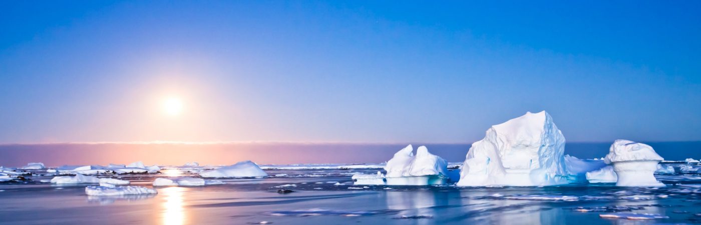 Summer night in Antarctica.Icebergs floating in the moonlight